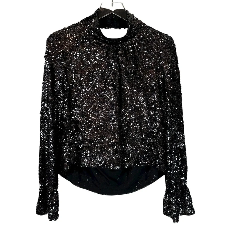 FREE PEOPLE Women's Small Moonstruck Black Sequins High Neck Open Back Blouse